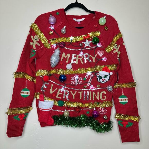 Ugly Christmas Sweater Merry Everything LIGHTS UP Tacky Tinsel Xmas Party Winner - Picture 1 of 5